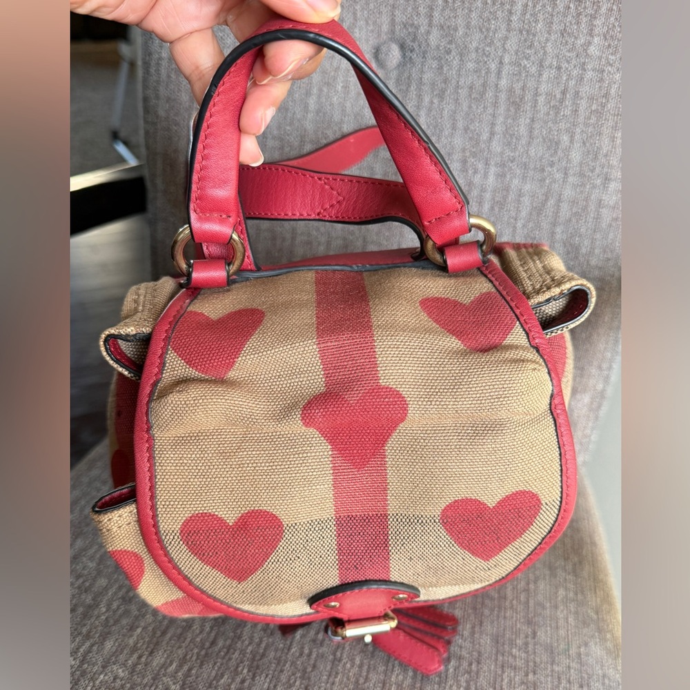 Burberry Beige Canvas Backpack with Red Heart Print and Red Leather Trim - Picture 7 of 16